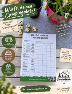 Würfel raus – und los geht’s. 🎲🚐

So eine kleine Spielrunde gehört für uns zum Camping einfach dazu. Und „Würfel deinen Campingplatz“ ist schnell ausgepackt, unkompliziert und sorgt spätestens beim Punktestand für den nötigen Ehrgeiz. 😅

Das Spiel haben wir selbst für Camperkram entwickelt und natürlich wird es auch von uns ausgiebig getestet. 😉

Was kommt bei euch beim Campen auf den Tisch?
Würfelspiel, Karten, Brettspiel – oder wird bei euch gar nicht gespielt?

Unser „Würfel deinen Campingplatz“ findet ihr natürlich auch bei uns im Shop. 🤍

#camperkram #würfeldeinencampingplatz #campingspiel #campingliebe #camperleben